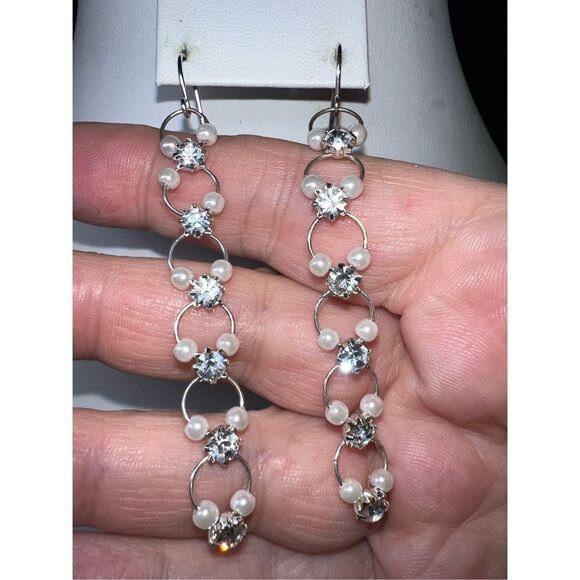 Silver Tone and Rhinestone and Faux Pearl Circular Long Statement Earrings - Picture 7 of 8